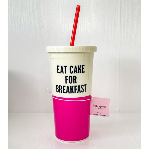 Kate Spade New York Tumbler w/Lid & Straw - Eat Cake For Breakfast - Pink NEW - Picture 1 of 9